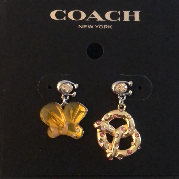 Coach Bumblebee & Pretzel Mismatch Drop Earrings With Signature C & Crystal NWT - Picture 2 of 13